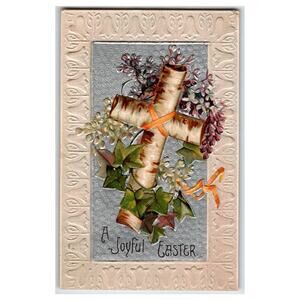A Joyful Easter Embossed Birch Cross Lilacs 1909 Chicago Postmark Postcard